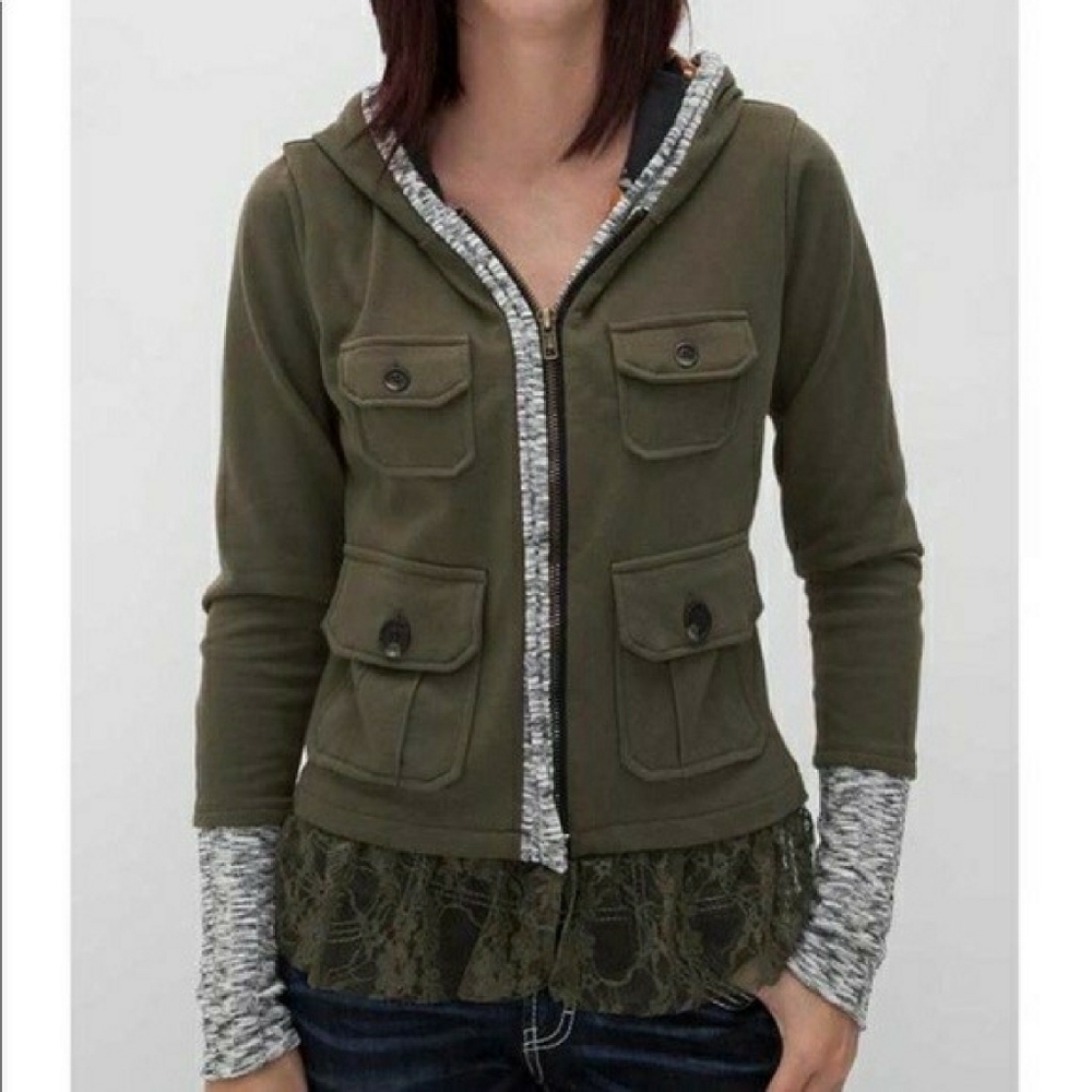 Anthropologie Olive Green Hooded Jacket With Lace Trim!